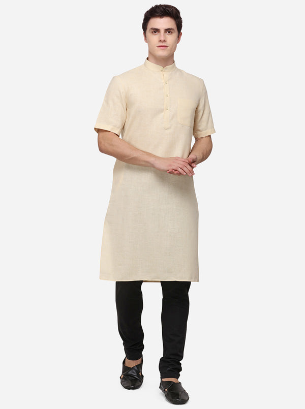 Light Beige Self Textured Regular Fit Modi Kurta | JadeBlue