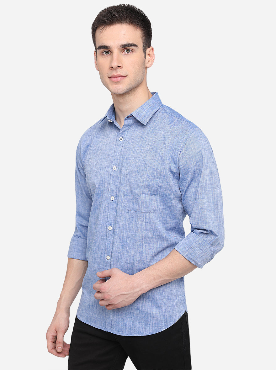 Sky Blue Solid Classic Fit Semi Casual Shirt | Greenfibre