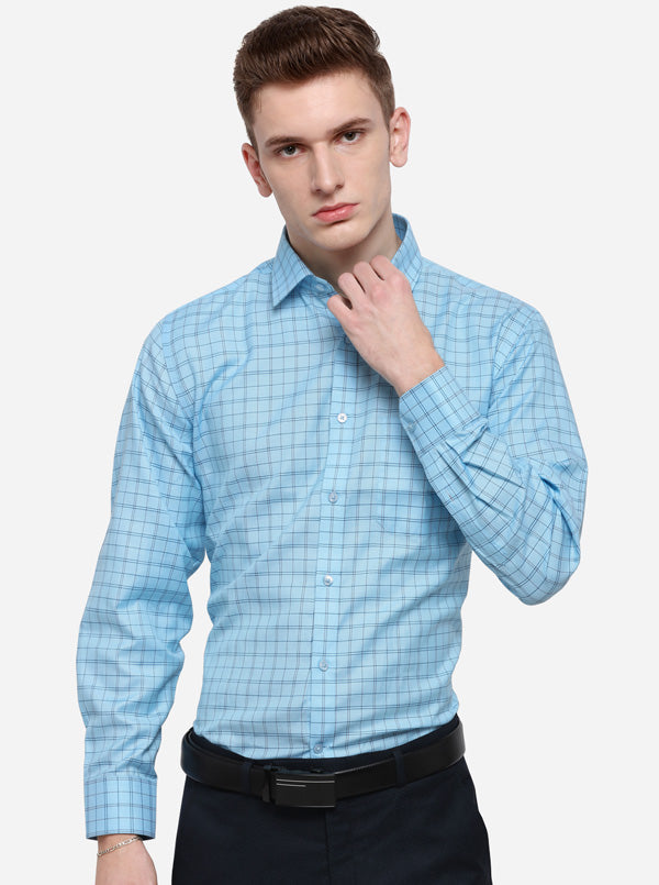 Turquiose Blue Checked Regular Fit Formal Shirt | Greenfibre