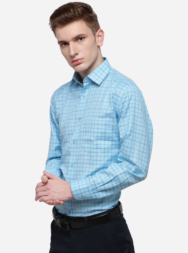 Turquiose Blue Checked Regular Fit Formal Shirt | Greenfibre