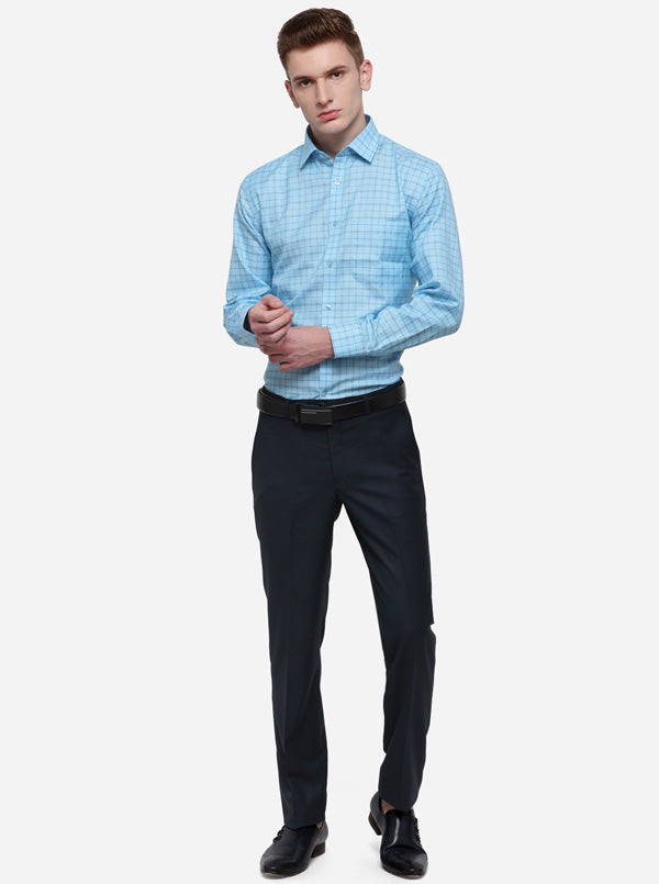 Turquiose Blue Checked Regular Fit Formal Shirt | Greenfibre