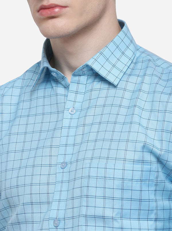 Turquiose Blue Checked Regular Fit Formal Shirt | Greenfibre