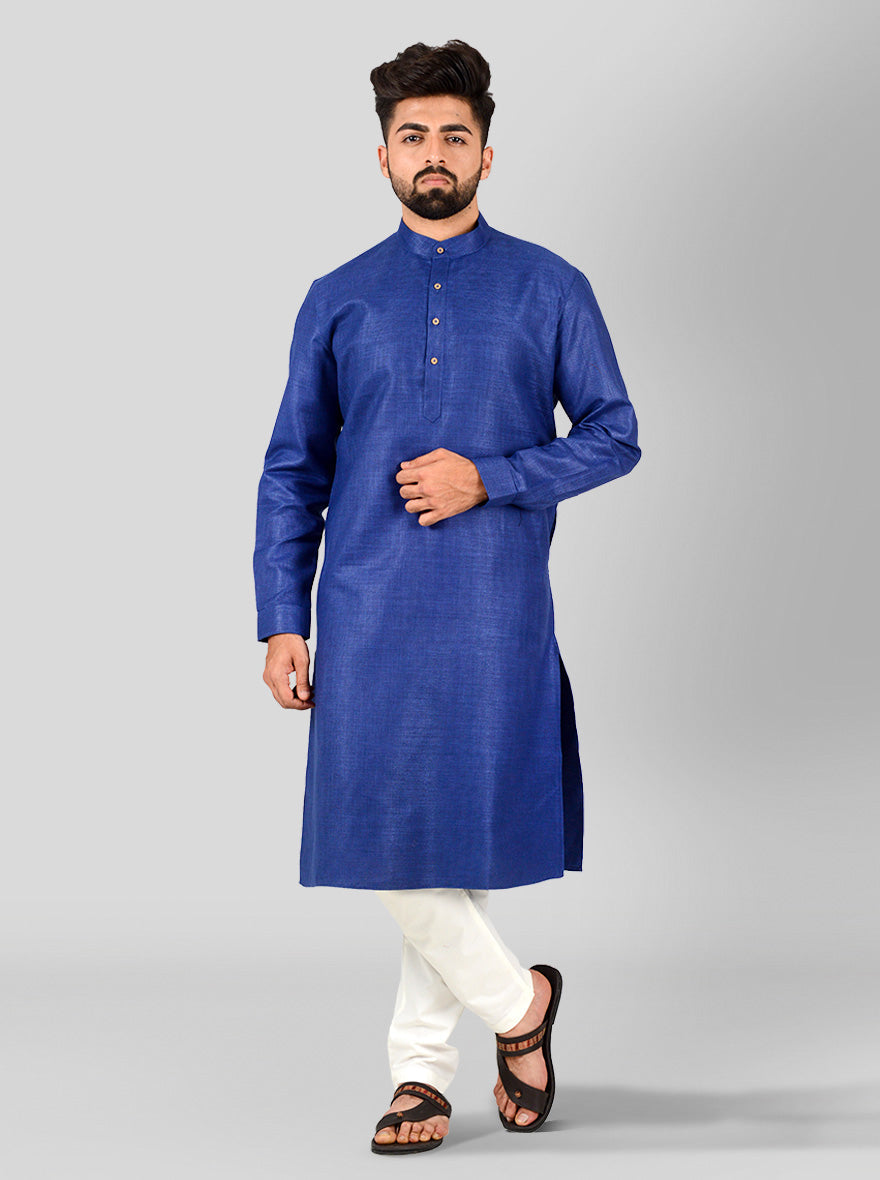 Dark Blue Self Textured Regular Fit Modi Kurta | JadeBlue