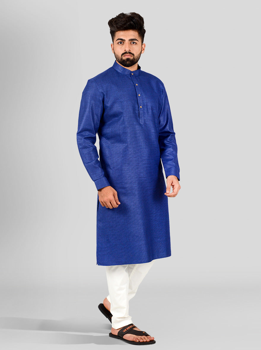 Dark Blue Self Textured Regular Fit Modi Kurta | JadeBlue