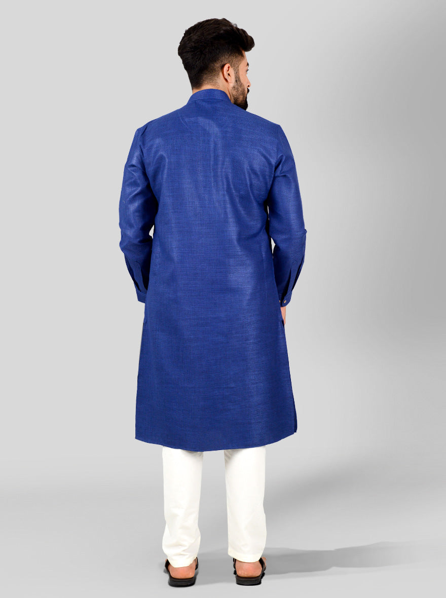 Dark Blue Self Textured Regular Fit Modi Kurta | JadeBlue
