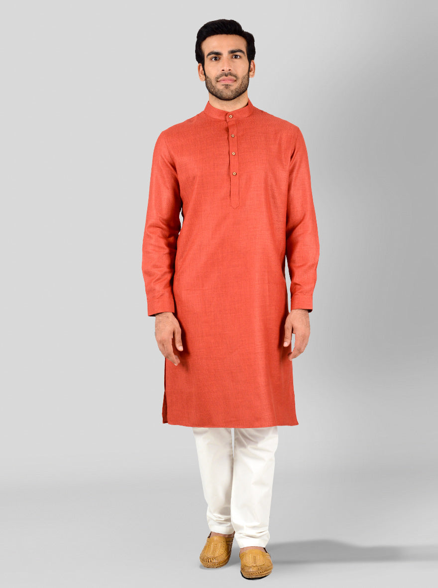 Red Self Textured Regular Fit Modi Kurta | JadeBlue