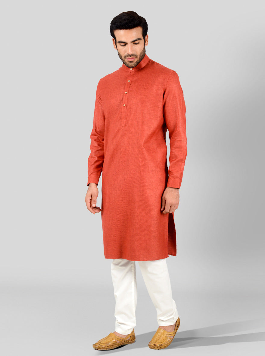 Red Self Textured Regular Fit Modi Kurta | JadeBlue
