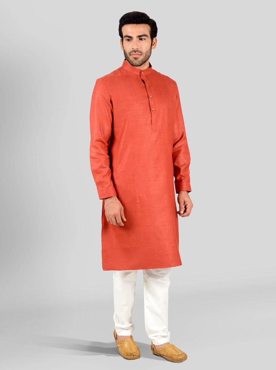 Red Self Textured Regular Fit Modi Kurta | JadeBlue