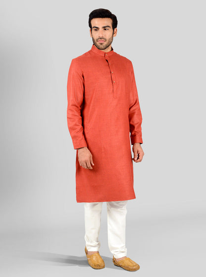 Red Self Textured Regular Fit Modi Kurta | JadeBlue