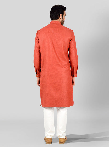 Red Self Textured Regular Fit Modi Kurta | JadeBlue