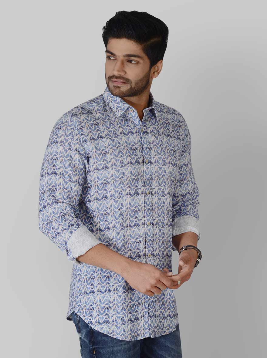 Blue & Grey Printed Slim Fit Casual Shirt | JB Sport