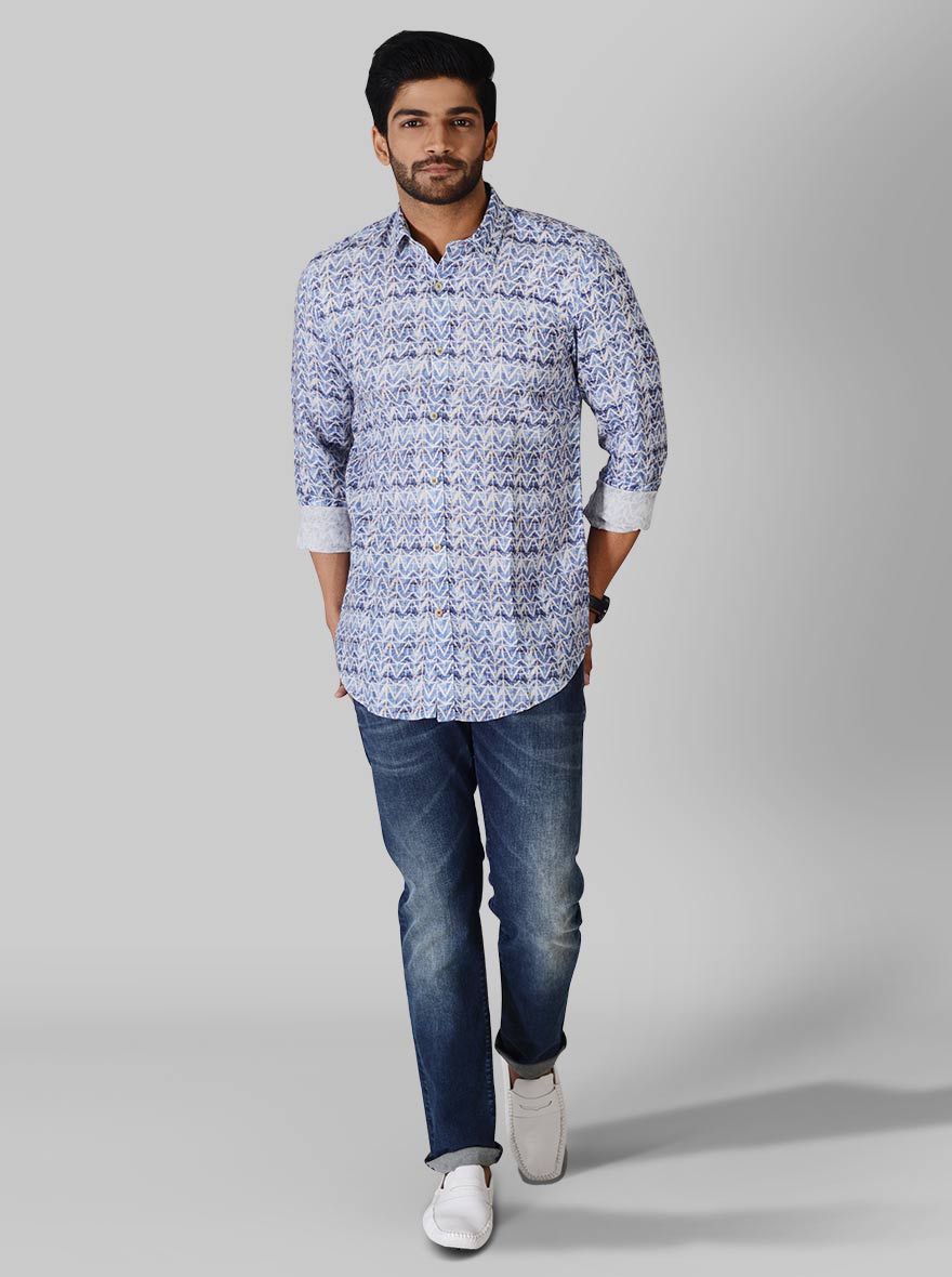 Blue & Grey Printed Slim Fit Casual Shirt | JB Sport