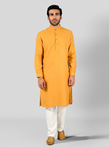 Golden Yellow Self Textured Regular Fit Modi Kurta | JadeBlue