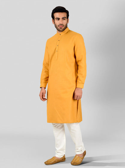 Golden Yellow Self Textured Regular Fit Modi Kurta | JadeBlue