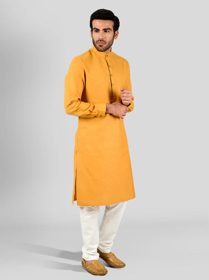 Golden Yellow Self Textured Regular Fit Modi Kurta | JadeBlue