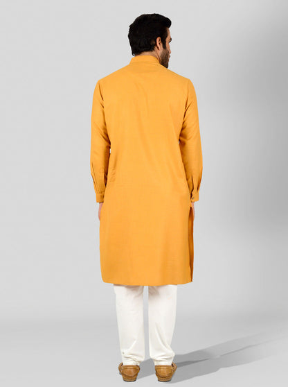 Golden Yellow Self Textured Regular Fit Modi Kurta | JadeBlue