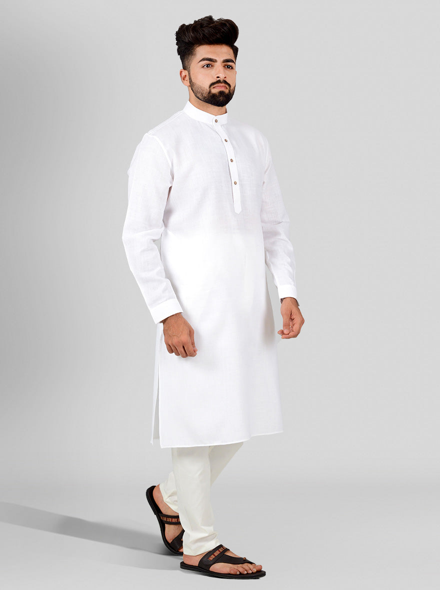 White Self Textured Regular Fit Modi Kurta | JadeBlue