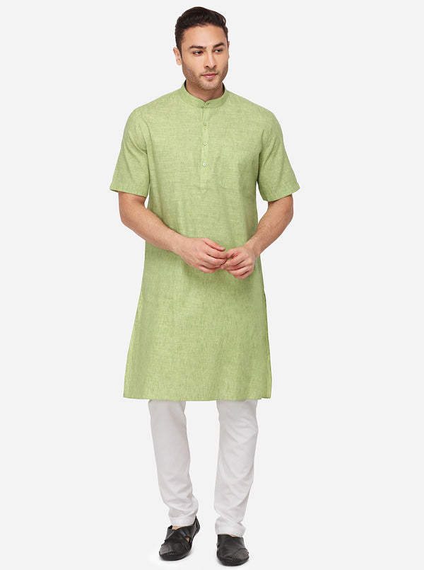 Pastel Green Self Textured Regular Fit Modi Kurta | JadeBlue