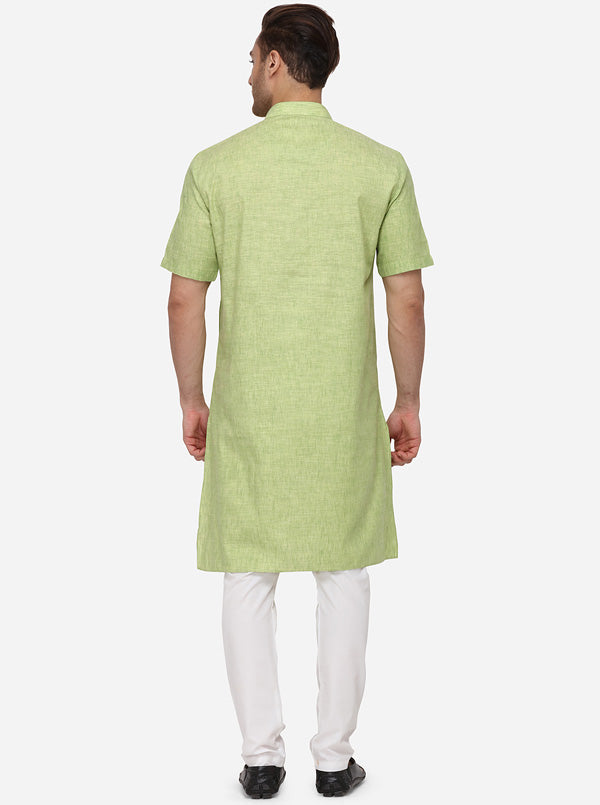 Pastel Green Self Textured Regular Fit Modi Kurta | JadeBlue
