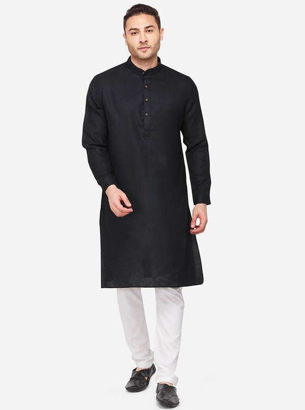 Black Self Textured Regular Fit Modi Kurta | JadeBlue