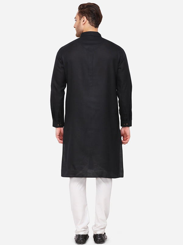 Black Self Textured Regular Fit Modi Kurta | JadeBlue