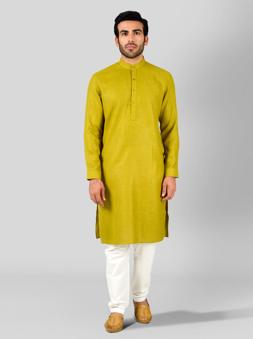 Mehendi Green Self Textured Regular Fit Modi Kurta | JadeBlue