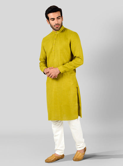 Mehendi Green Self Textured Regular Fit Modi Kurta | JadeBlue