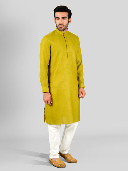 Mehendi Green Self Textured Regular Fit Modi Kurta | JadeBlue