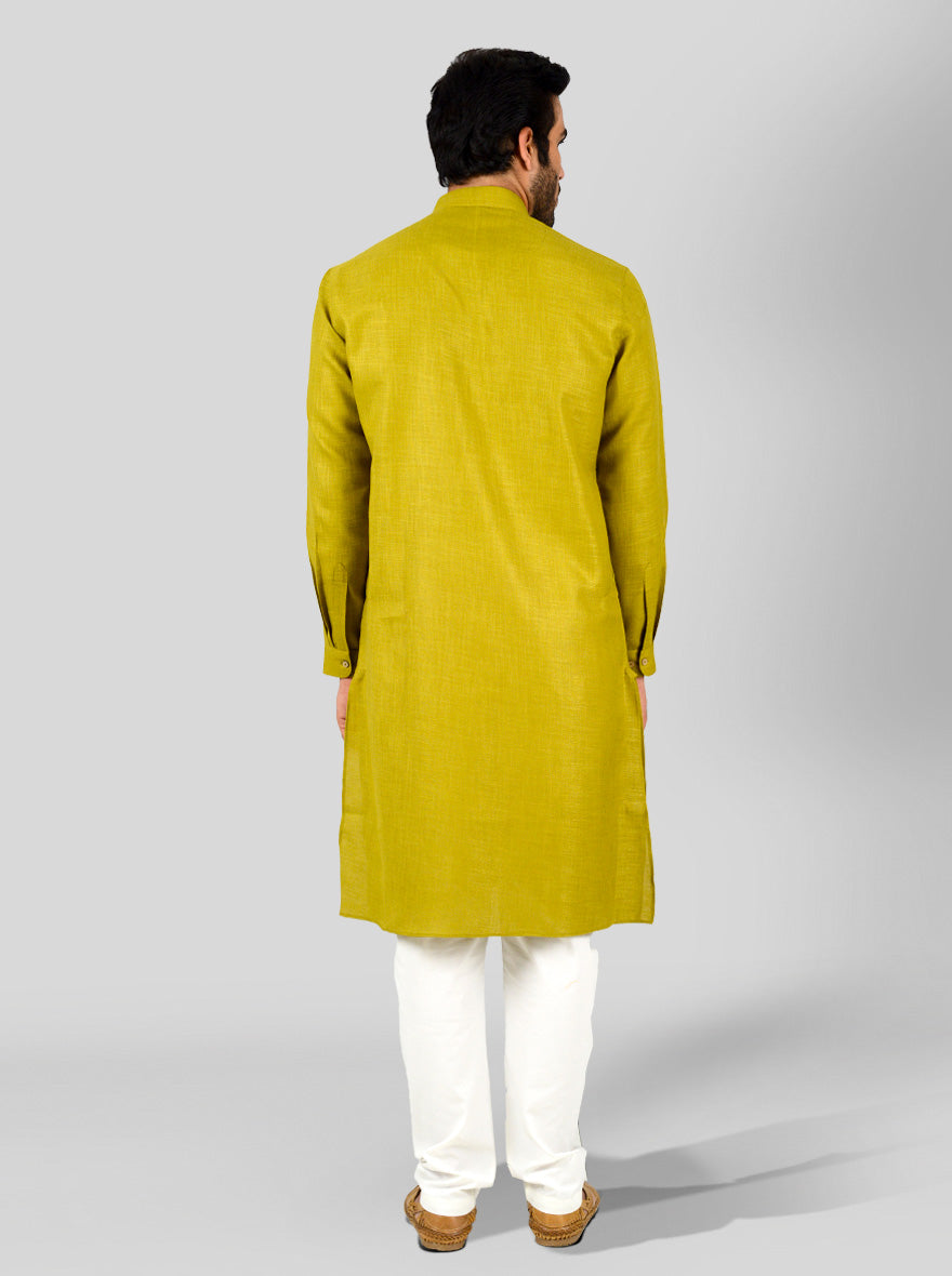 Mehendi Green Self Textured Regular Fit Modi Kurta | JadeBlue