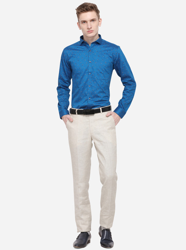 Turquoise Blue Printed Slim Fit Party Wear Shirt | Greenfibre