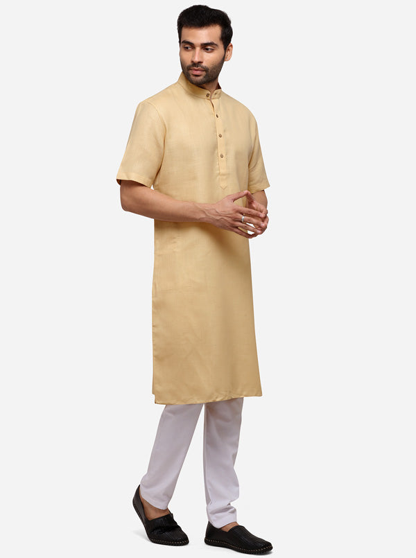 Beige Self Textured Regular Fit Modi Kurta | JadeBlue