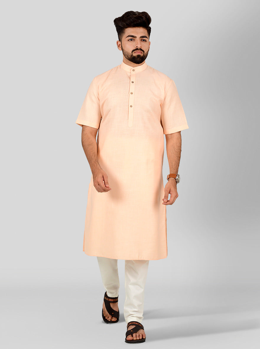 Peach Self Textured Regular Fit Modi Kurta | JadeBlue