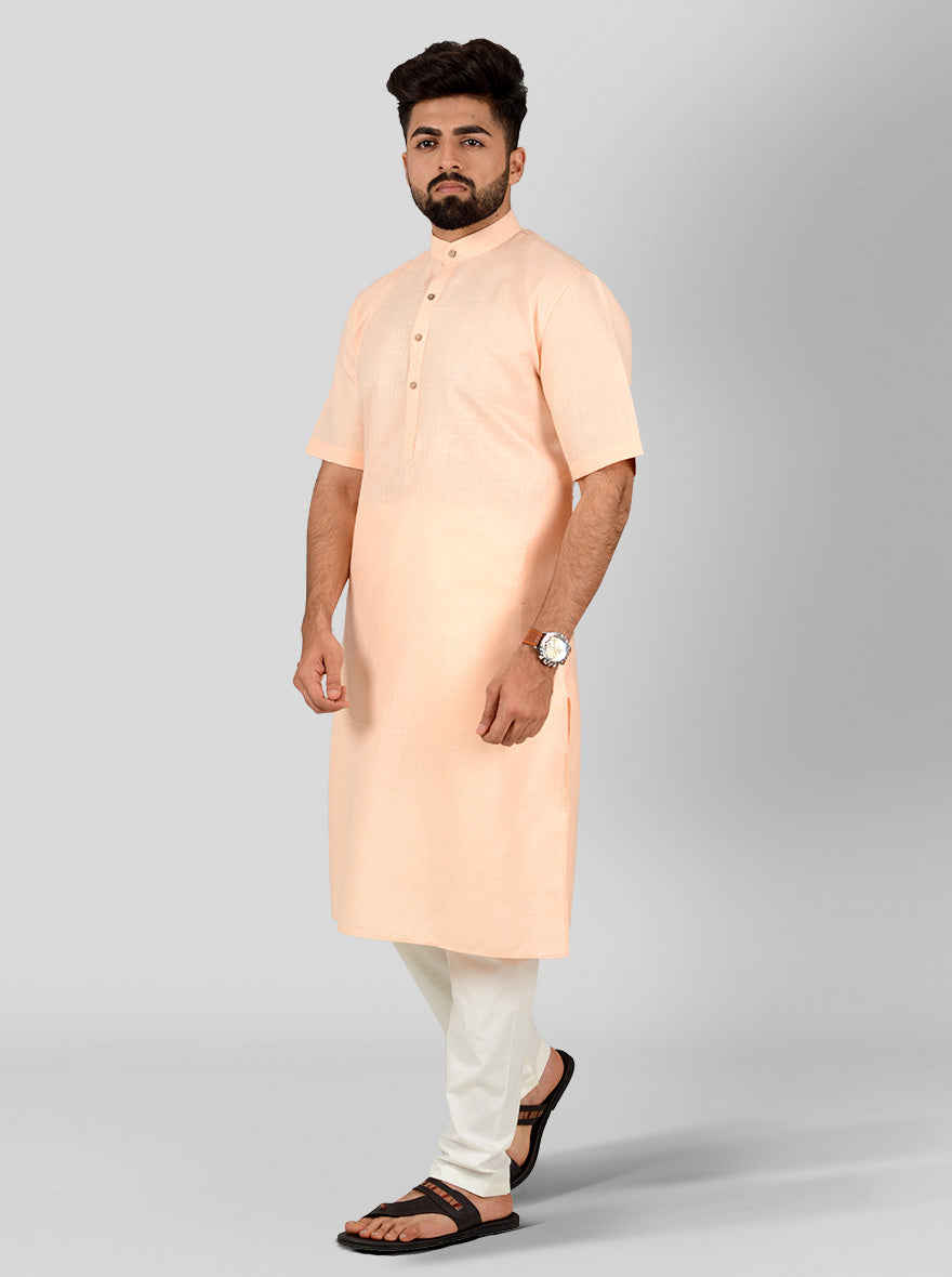 Peach Self Textured Regular Fit Modi Kurta | JadeBlue