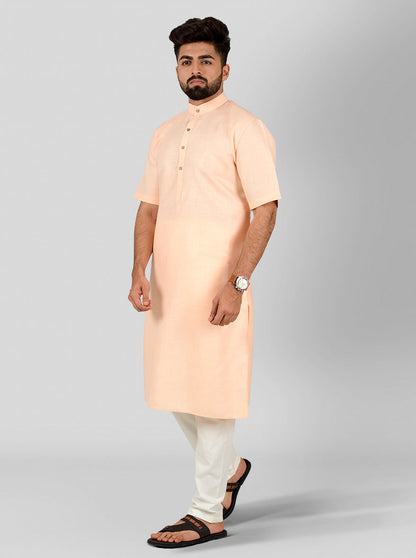 Peach Self Textured Regular Fit Modi Kurta | JadeBlue