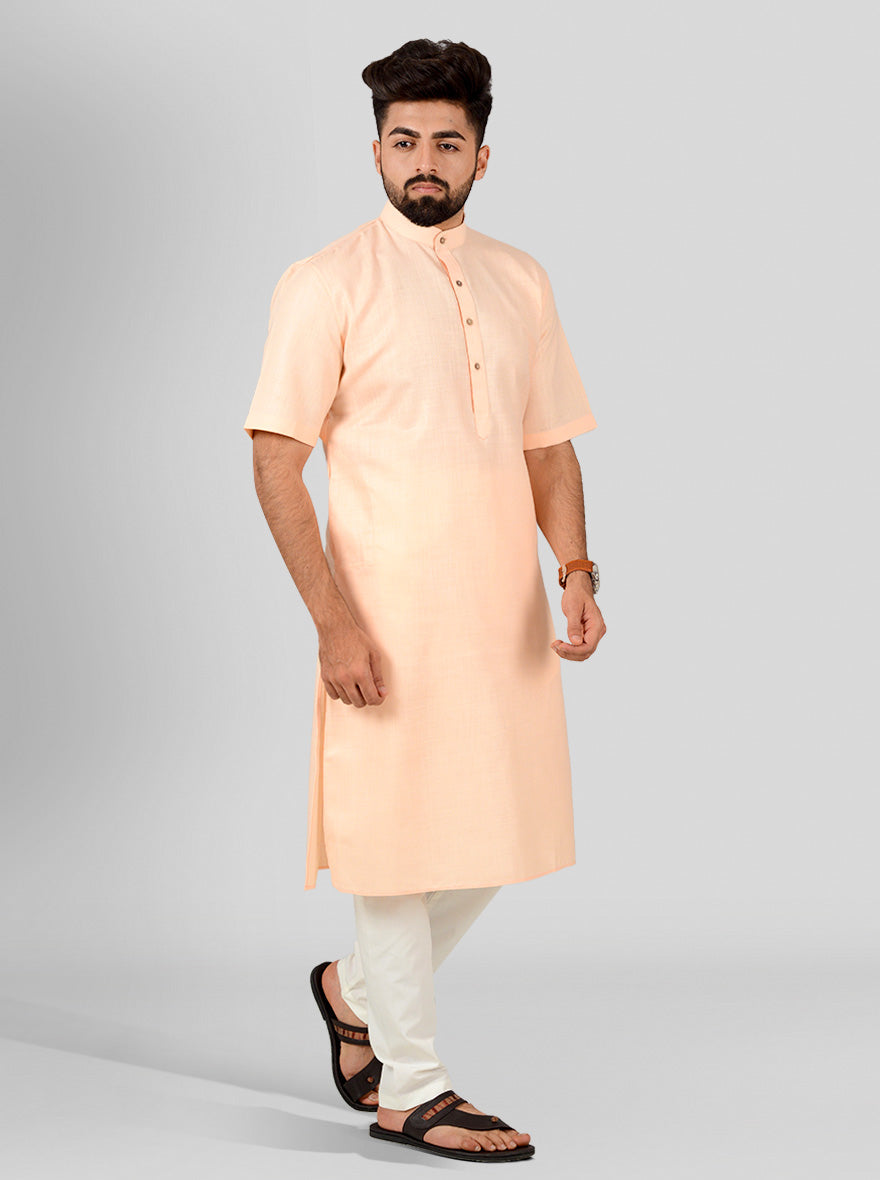 Peach Self Textured Regular Fit Modi Kurta | JadeBlue