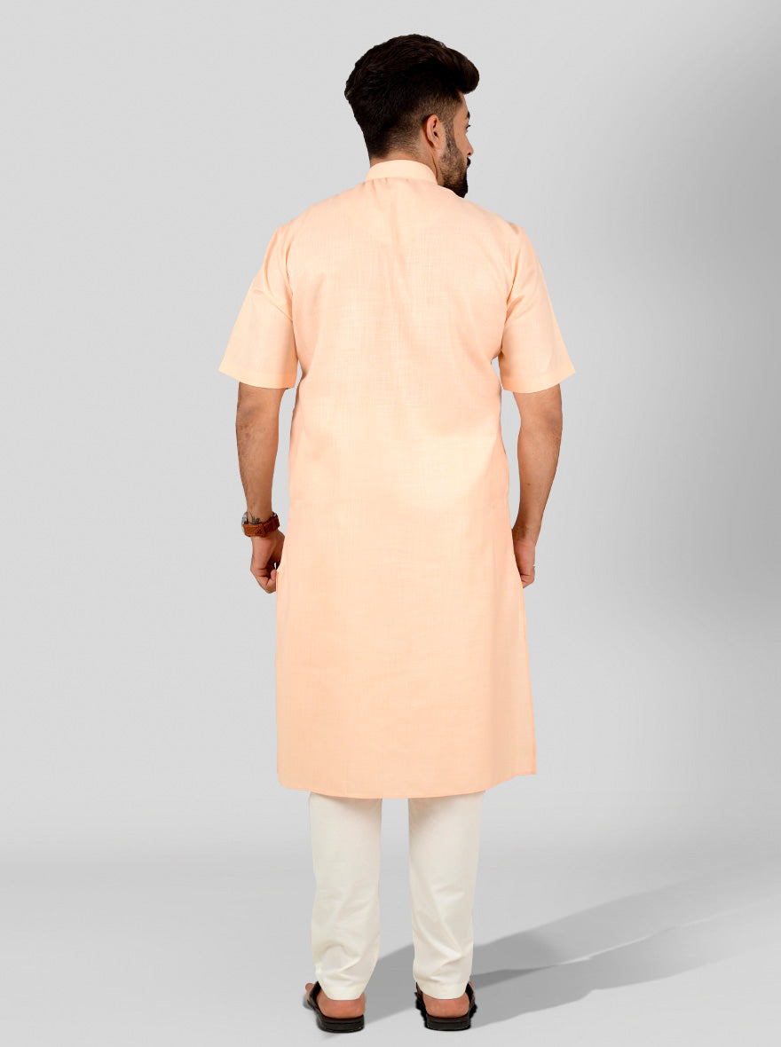 Peach Self Textured Regular Fit Modi Kurta | JadeBlue