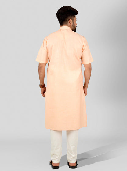Peach Self Textured Regular Fit Modi Kurta | JadeBlue