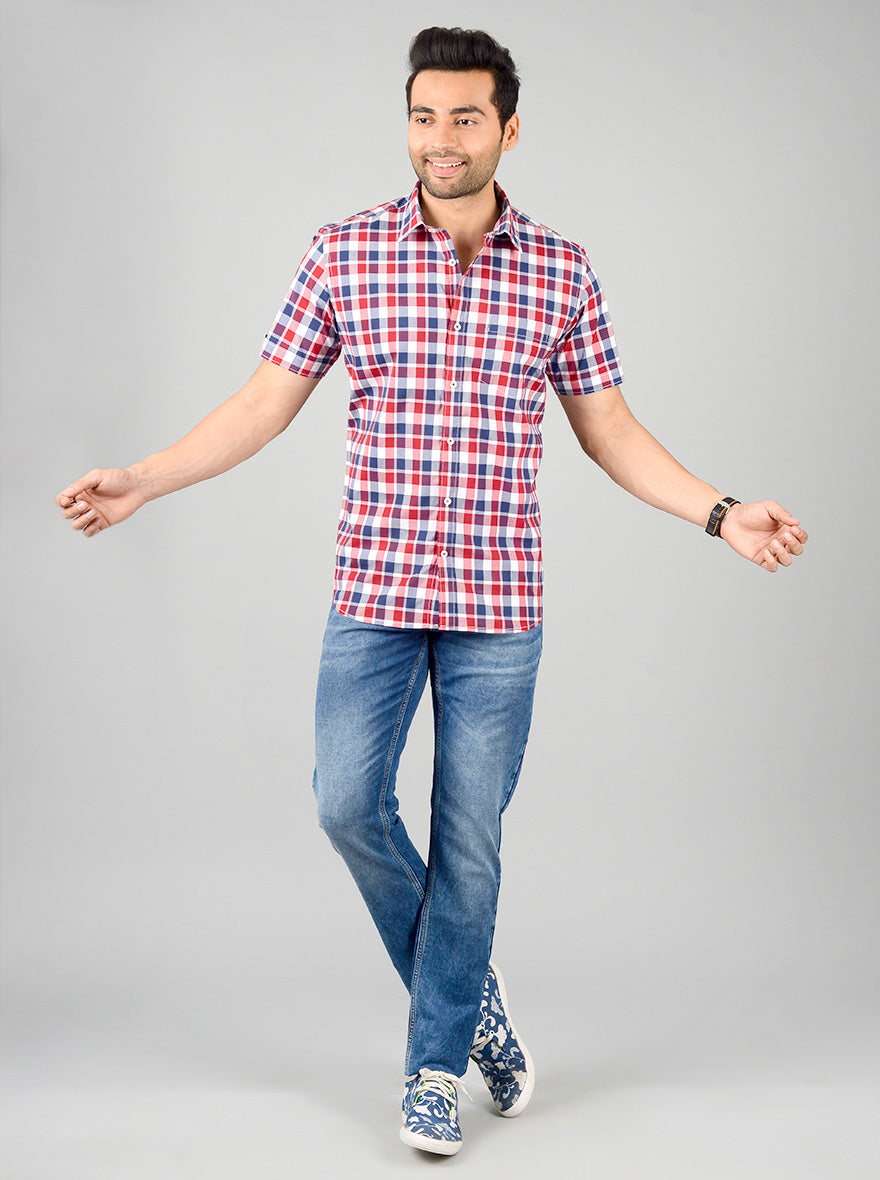 Red & Blue Checked Slim Fit Casual Shirt | JB Sport