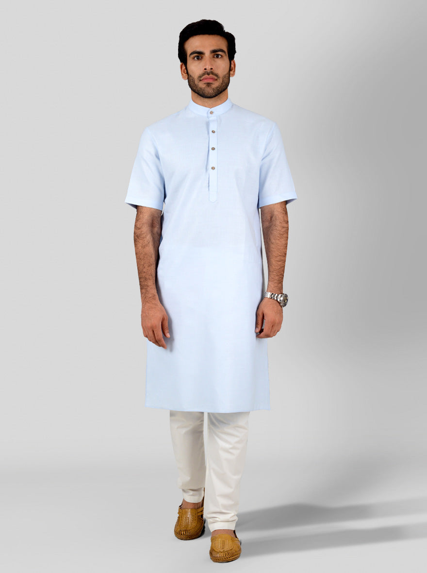 Sky Blue Self Textured Regular Fit Modi Kurta | JadeBlue