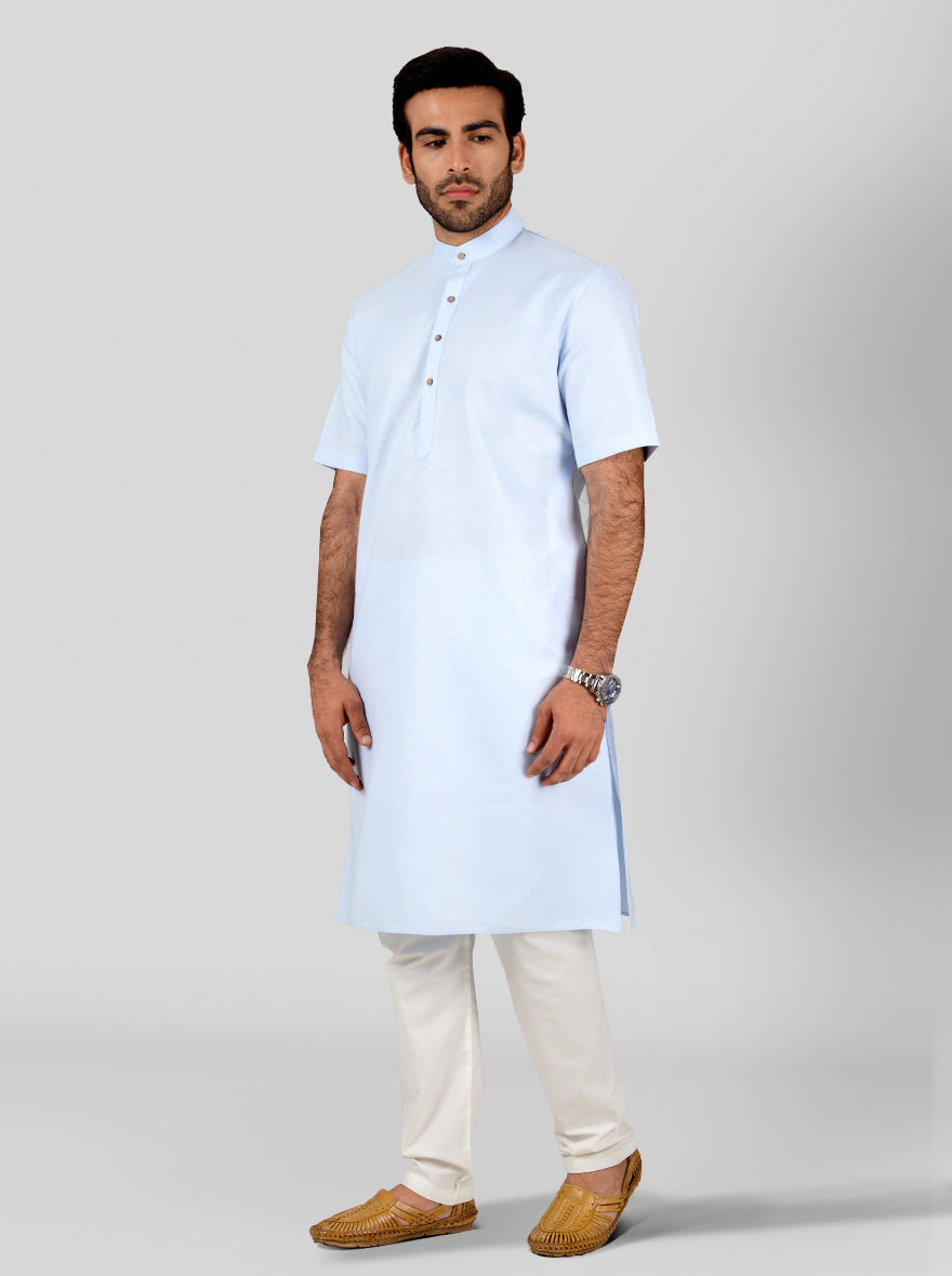 Sky Blue Self Textured Regular Fit Modi Kurta | JadeBlue