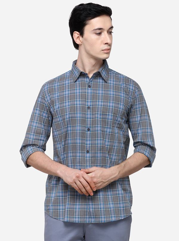 Blue & Grey Slim Fit Checked Casual Shirt | JB Sport