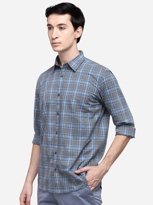 Blue & Grey Slim Fit Checked Casual Shirt | JB Sport