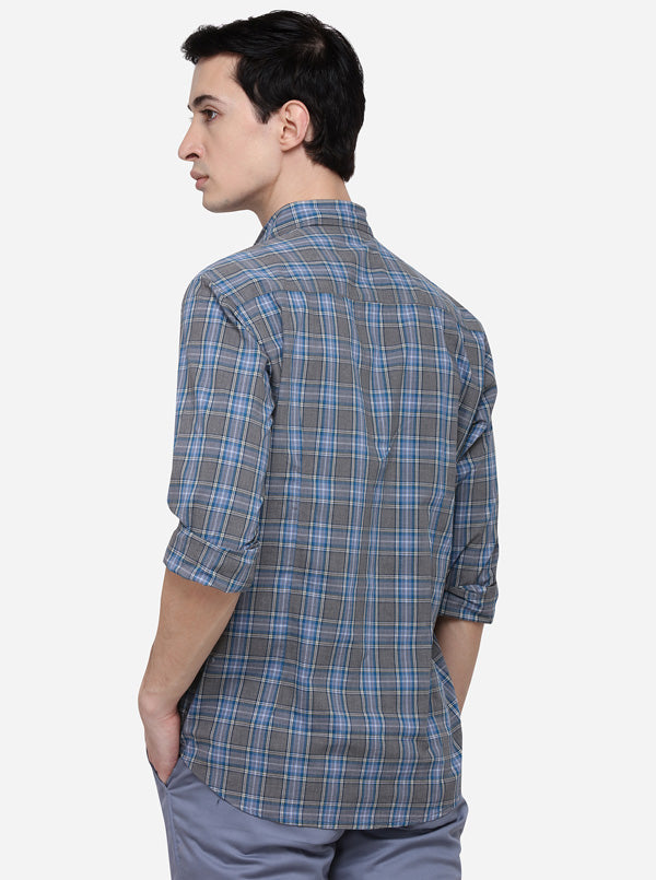 Blue & Grey Slim Fit Checked Casual Shirt | JB Sport