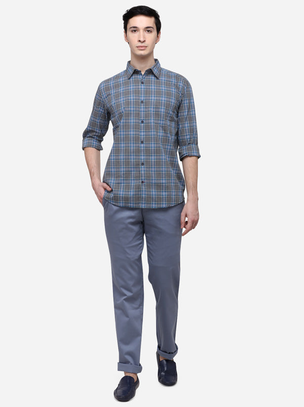 Blue & Grey Slim Fit Checked Casual Shirt | JB Sport