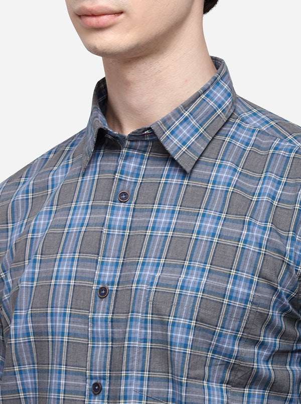 Blue & Grey Slim Fit Checked Casual Shirt | JB Sport