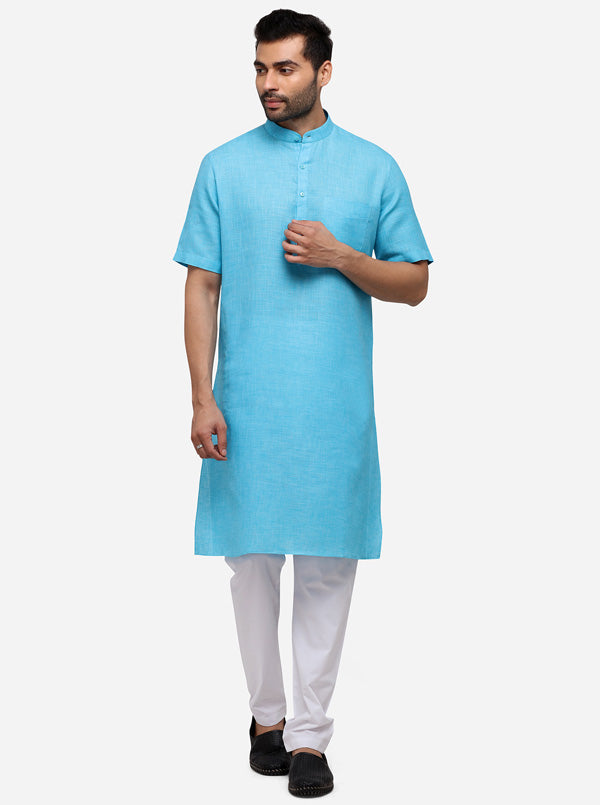 Teal Blue Self Textured Regular Fit Modi Kurta | JadeBlue