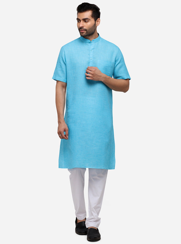 Teal Blue Self Textured Regular Fit Modi Kurta | JadeBlue