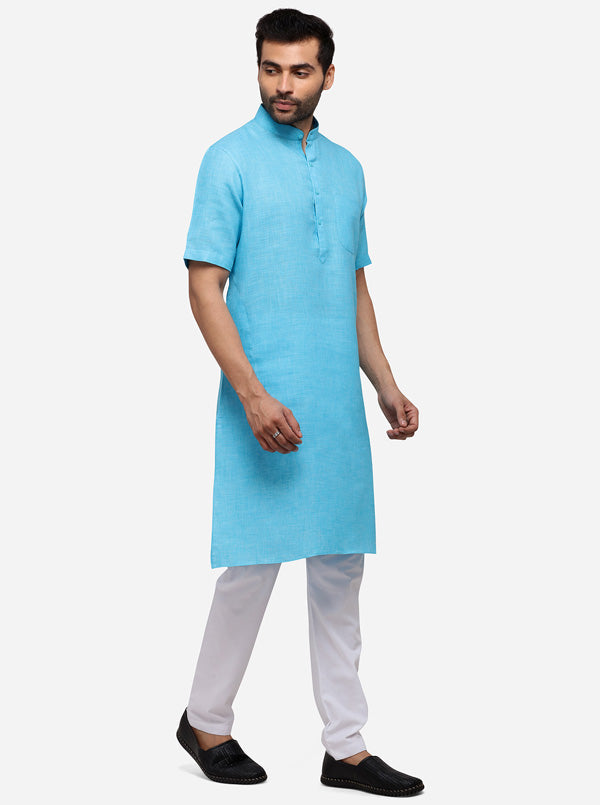 Teal Blue Self Textured Regular Fit Modi Kurta | JadeBlue