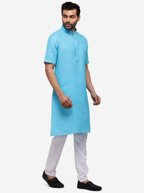 Teal Blue Self Textured Regular Fit Modi Kurta | JadeBlue