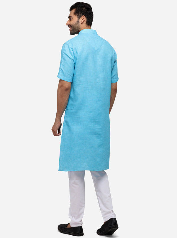 Teal Blue Self Textured Regular Fit Modi Kurta | JadeBlue